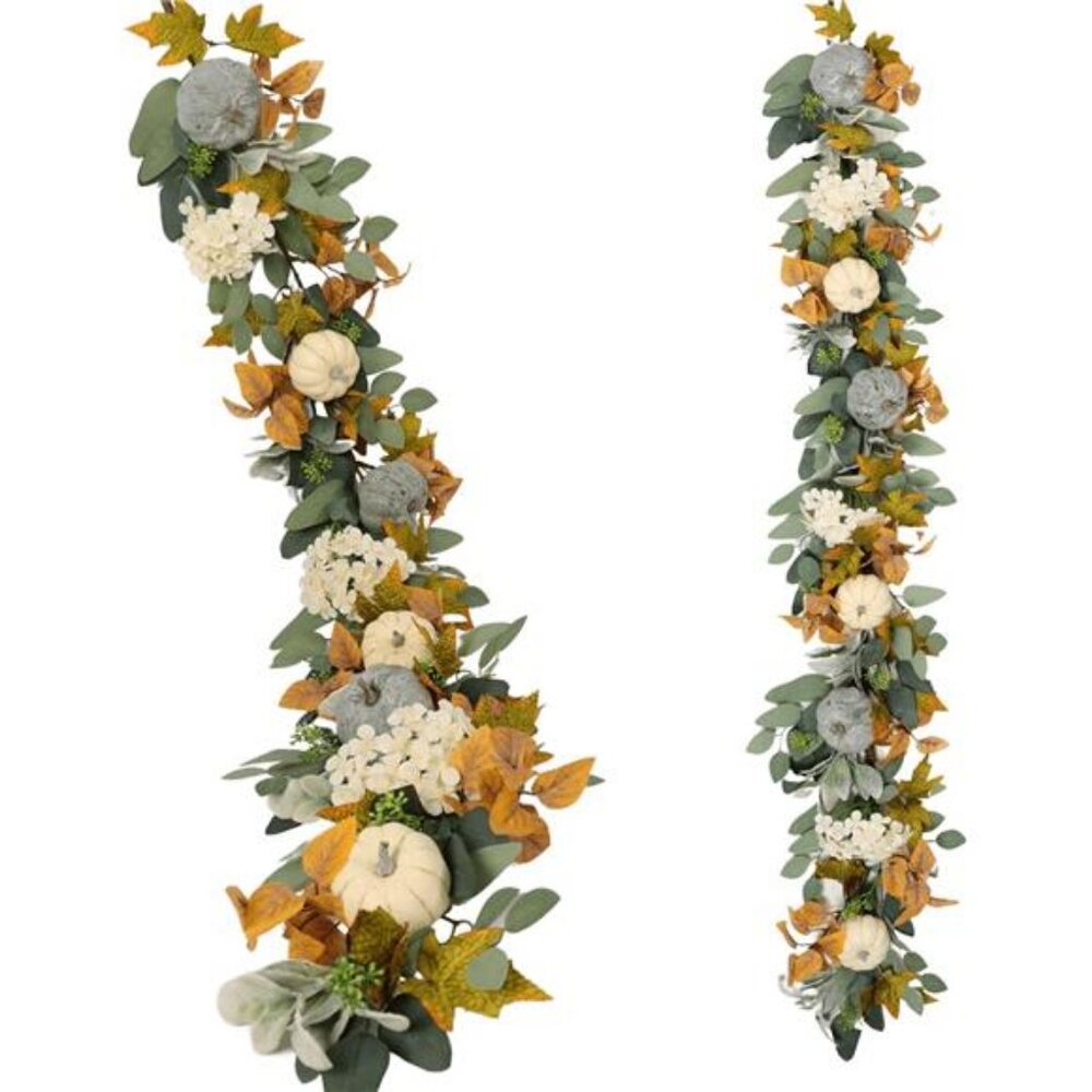 Fall Pumpkin Garland 60 Inch (5 Ft) Quixem Autumn Eucalyptus & Lambs Ear Garland